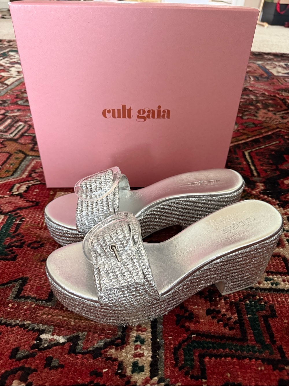 cult gaia Silver Woven Platform Slide Sandals with Clear Buckle